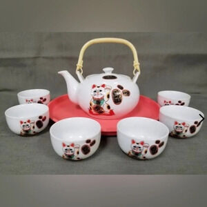 BAKELITE Vintage Asian Lucky Happy Cat Raised Paw 9 Piece Tea Set PERFECT SHAPE